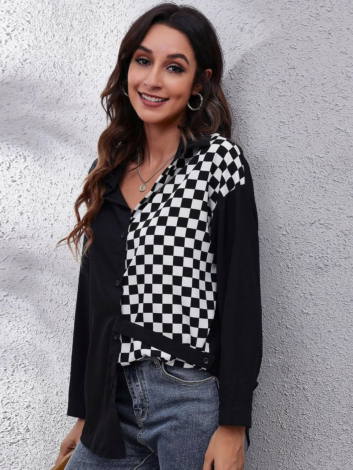 Chic graphic print blouse, collar - Love Salve